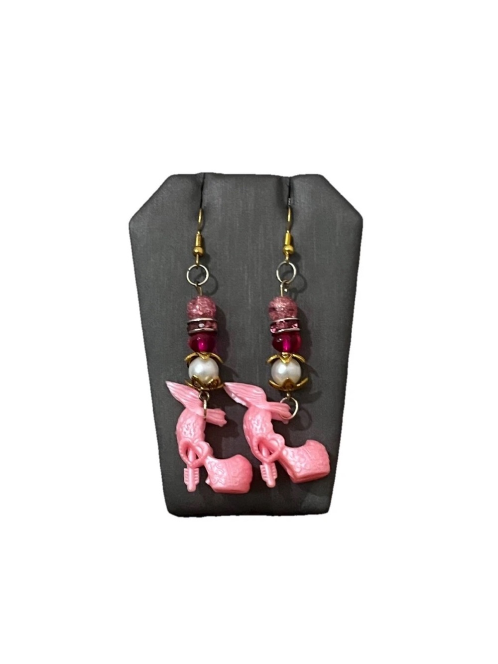Pink High Heel Dangle Earrings Statement Beaded Pearl Handmade Barbiecore